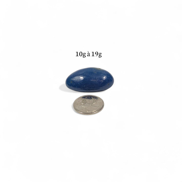 Pierre roulée d’Agate bleue teintée, poids entre 10g et 19g, présentée avec une pièce de 25 cents pour repère.