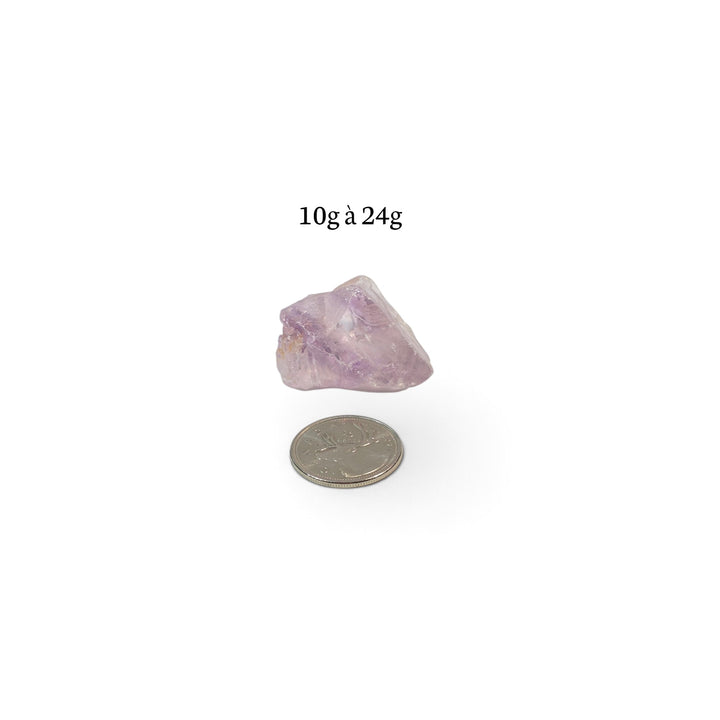 Améthystes brutes naturelles aux nuances de mauve variées, disponibles en pierres de 10 g à 24 g.