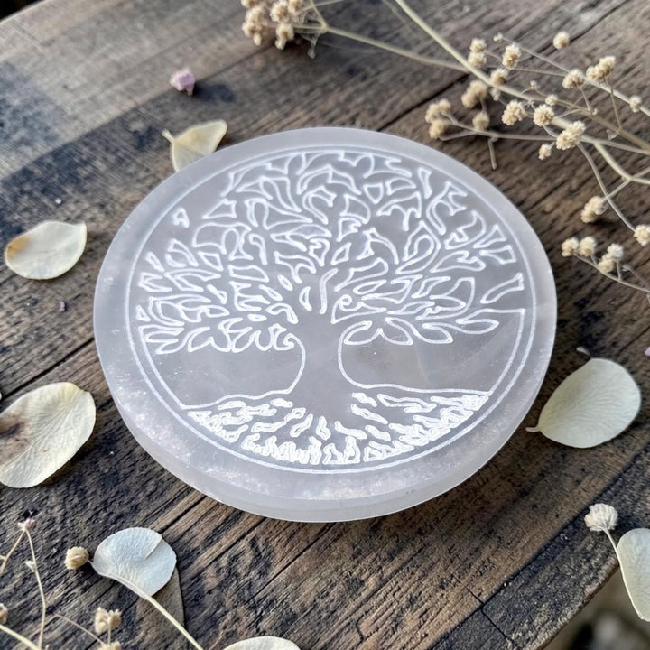 Assiette en sélénite arbre de vie, idéale pour déposer vos pierres et bijoux lors de vos pratiques de purification et de recharge.