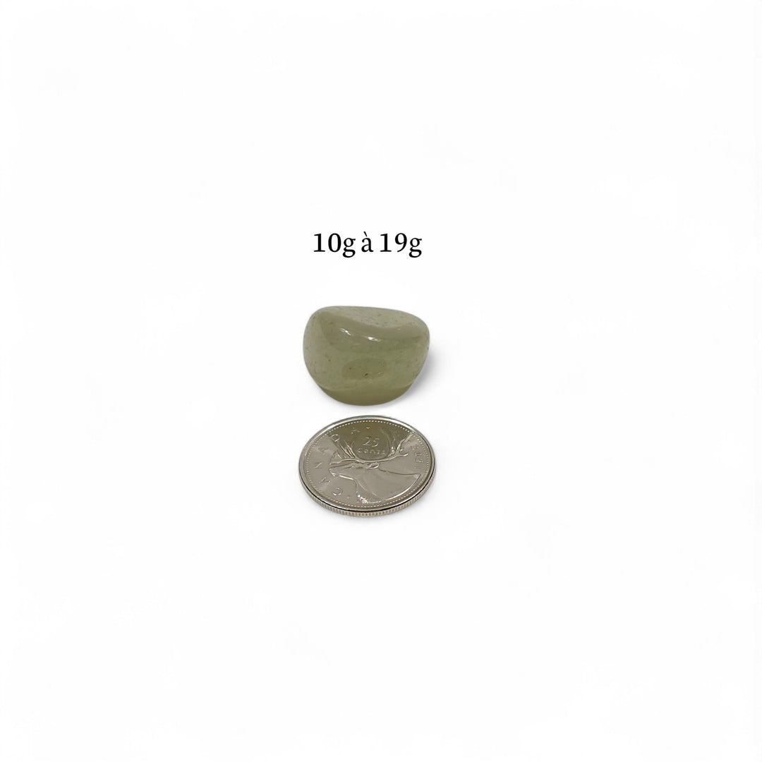 Aventurine verte polie de l’Inde pesant entre 10g et 19g, présentée à côté d’une pièce de 25 cents pour comparaison de taille.