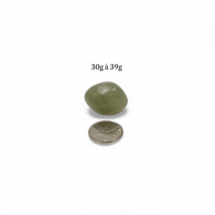 Pierre roulée Aventurine verte d’Inde, entre 30g et 39g, placée à côté d’une pièce de 25 cents pour illustrer ses dimensions.