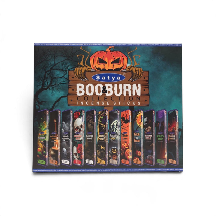 Collection d'encens Satya Boo Burn – Halloween, assortiment de 12 boîtes aux fragrances variées.