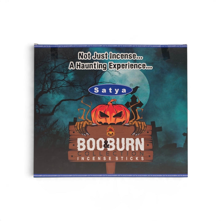Coffret d'encens Satya Boo Burn édition Halloween, comprenant 12 boîtes de différentes senteurs.