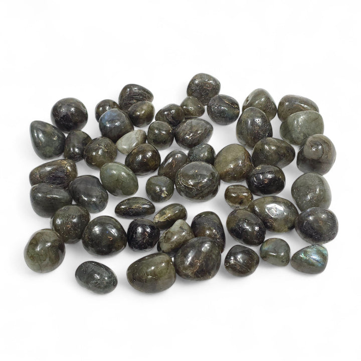 Labradorite roulée foncée (Madagascar) – pierre de protection reliée au chakra du Troisième Œil, nuances sombres et reflets discrets.