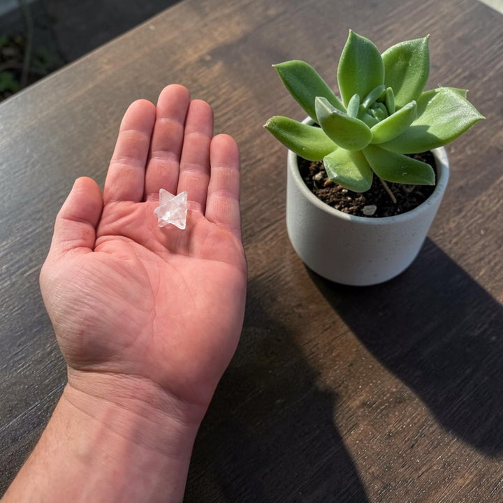 Un petit symbole en quartz cristallisé naturel, façonné en forme de Merkaba et facile à emporter avec vous. 1.5 cm x 1.5 cm.