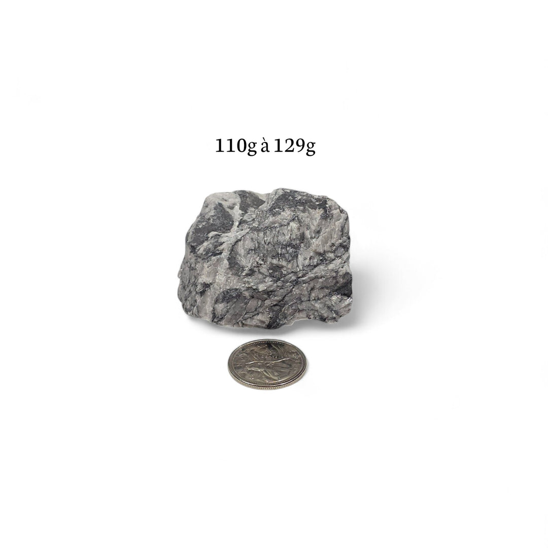 Pinolite brute 110 à 129 grammes, placée près d’une pièce de 25 cents pour donner une idée de la taille réelle.