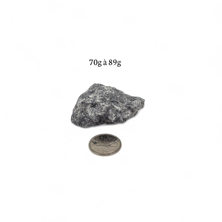 Pinolite brute 70 à 89 grammes, photographiée avec une pièce de 25 cents pour comparaison de la grosseur.
