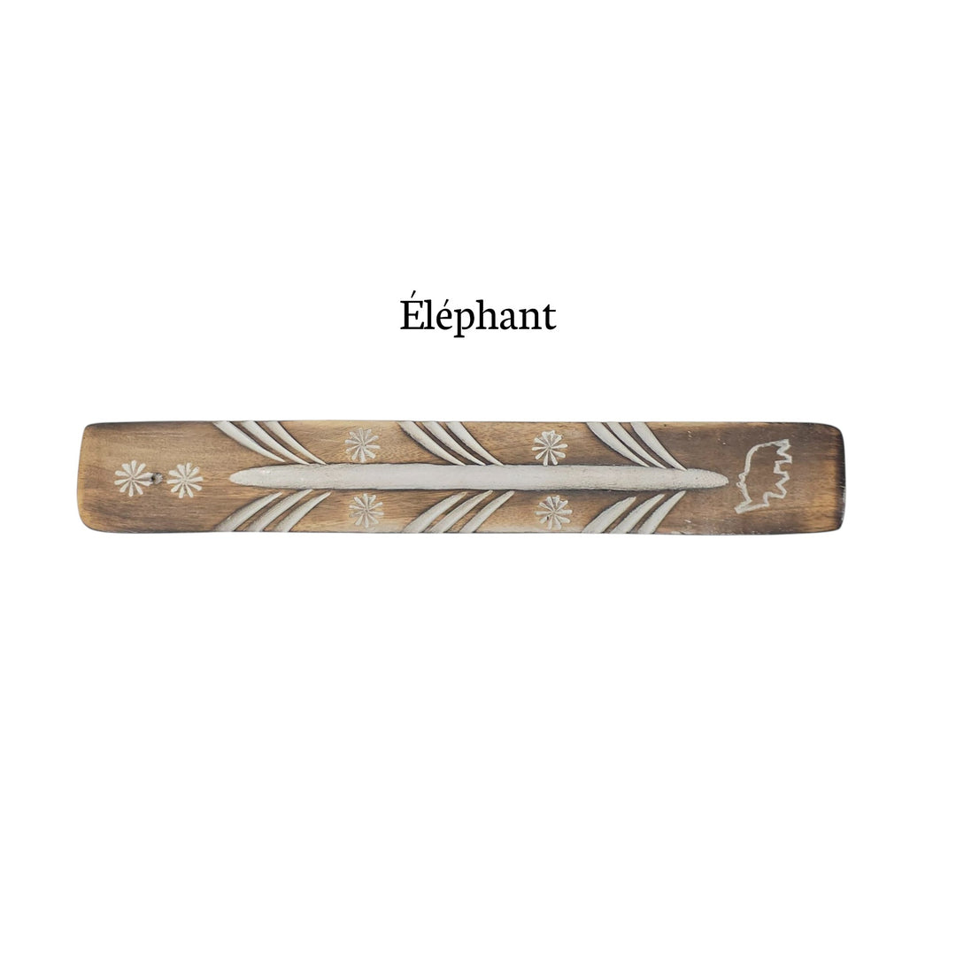 Porte-encens en bois au motif éléphant, aspect antique.