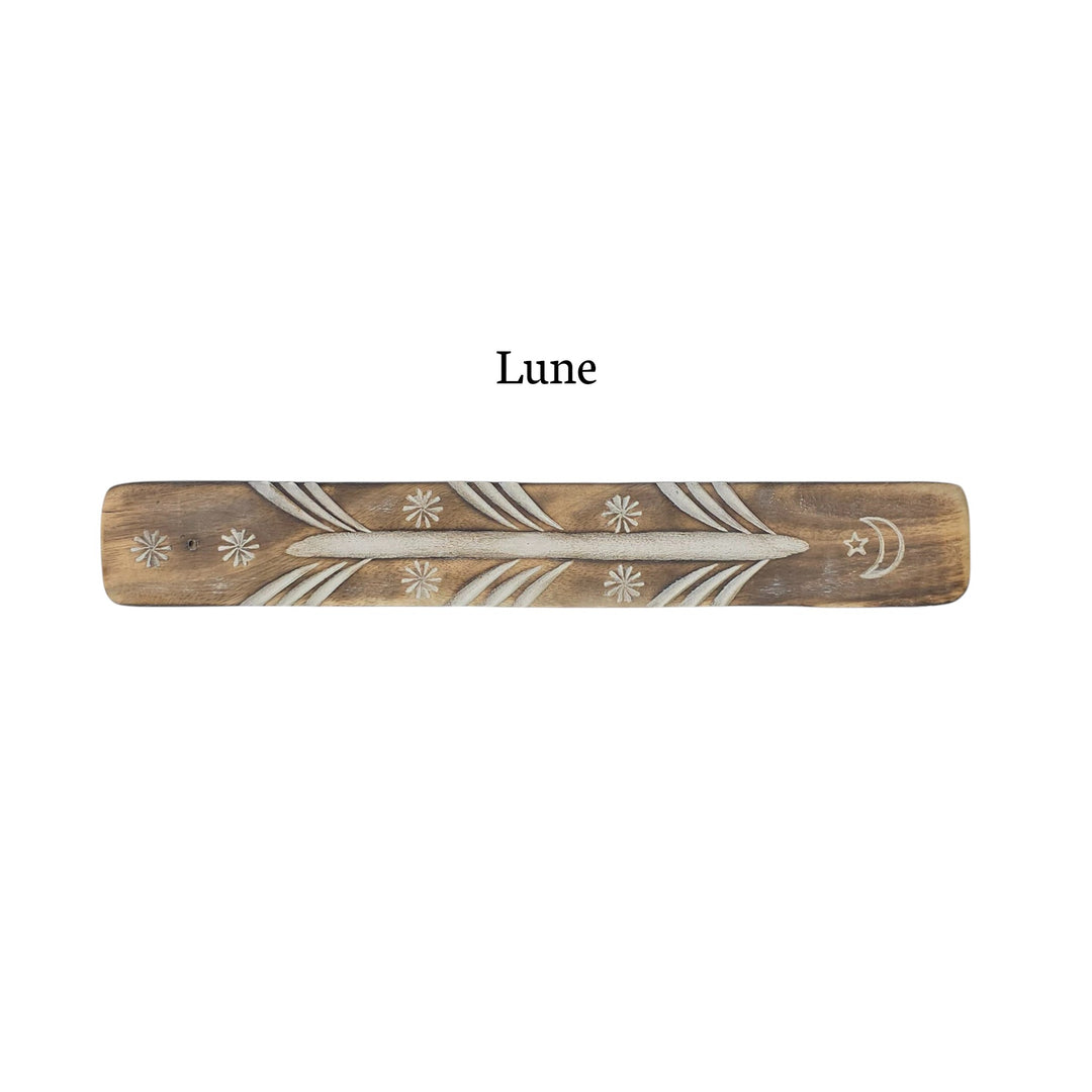 Porte-encens en bois au motif lune, aspect antique.