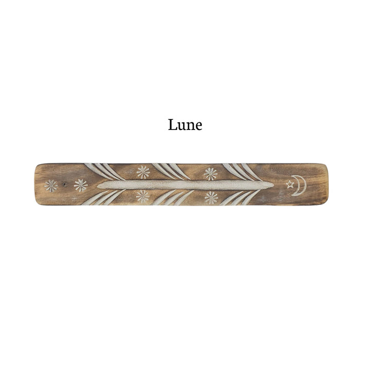 Porte-encens en bois au motif lune, aspect antique.