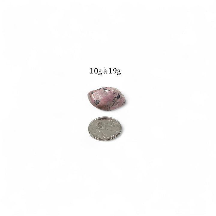 Rhodonite polie pesant entre 10g et 19g, pierre d’amour et de réconfort présentée avec pièce de 25 cents en repère.