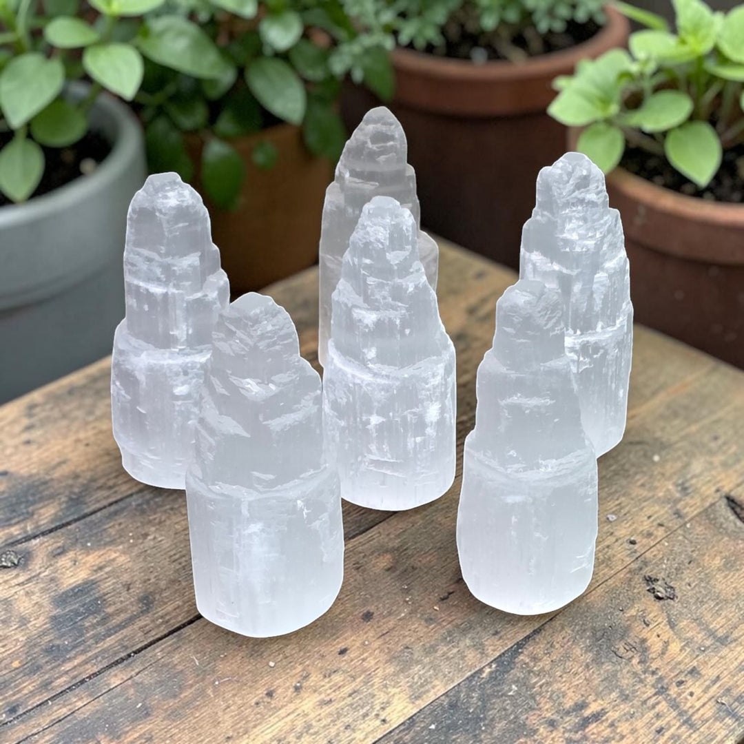 Tour de sélénite naturelle de 10 cm, appréciée pour sa beauté et idéale pour vos pratiques ou votre décoration.