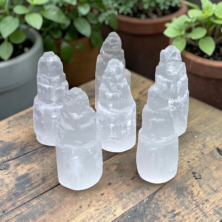 Tour de sélénite naturelle de 10 cm, appréciée pour sa beauté et idéale pour vos pratiques ou votre décoration.